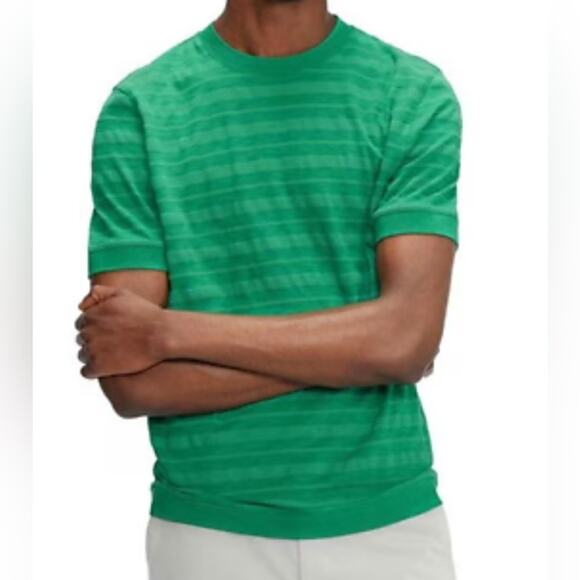 Ted Baker Nekache T Shirt Mens 7 Leaf Green Textured Cotton Blend Striped Crew - Picture 1 of 8